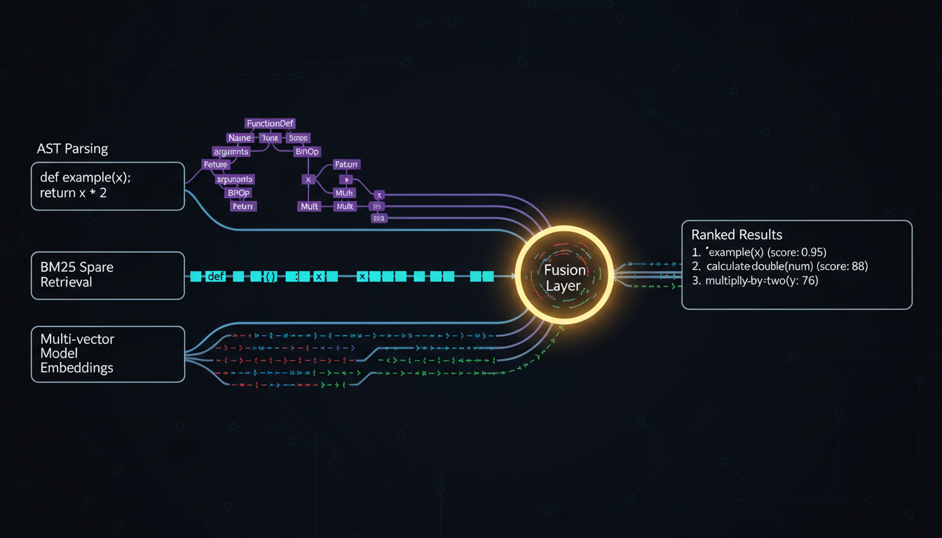 Hybrid search architecture showing AST parsing, BM25, and multi-vector embeddings converging