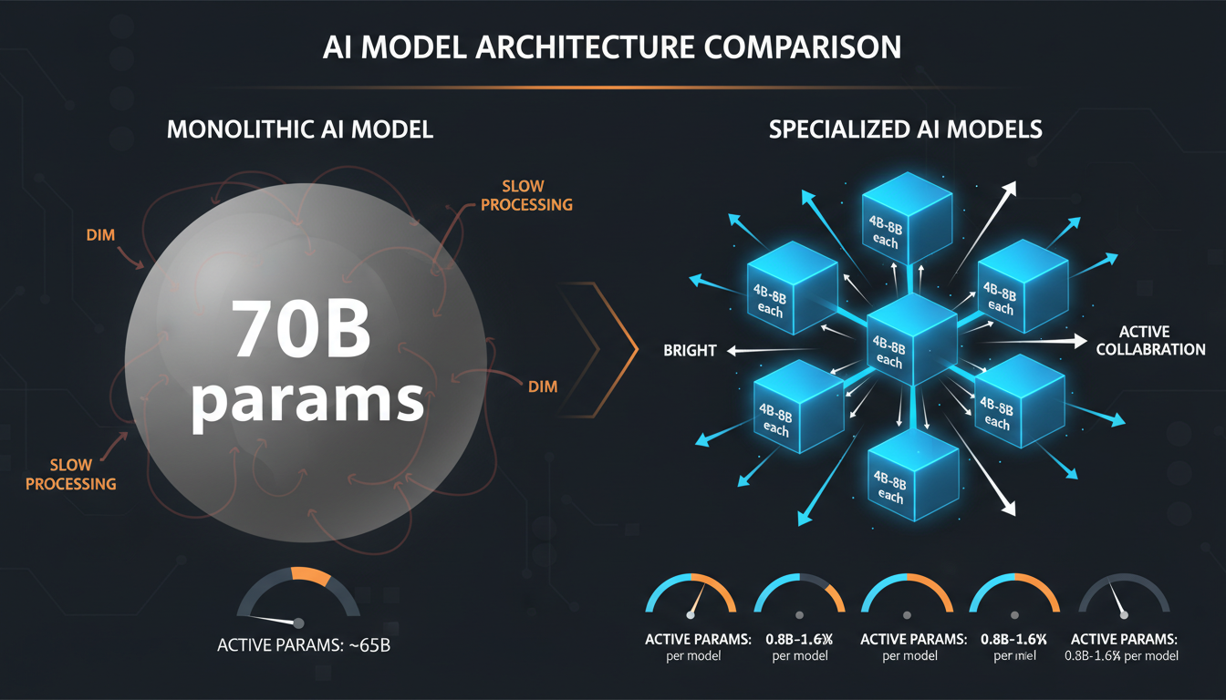 Comparison: one 70B monolithic model vs seven 4B-8B specialists