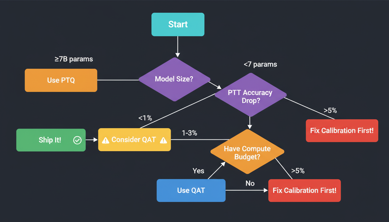PTQ vs QAT decision flowchart for NVFP4 quantization
