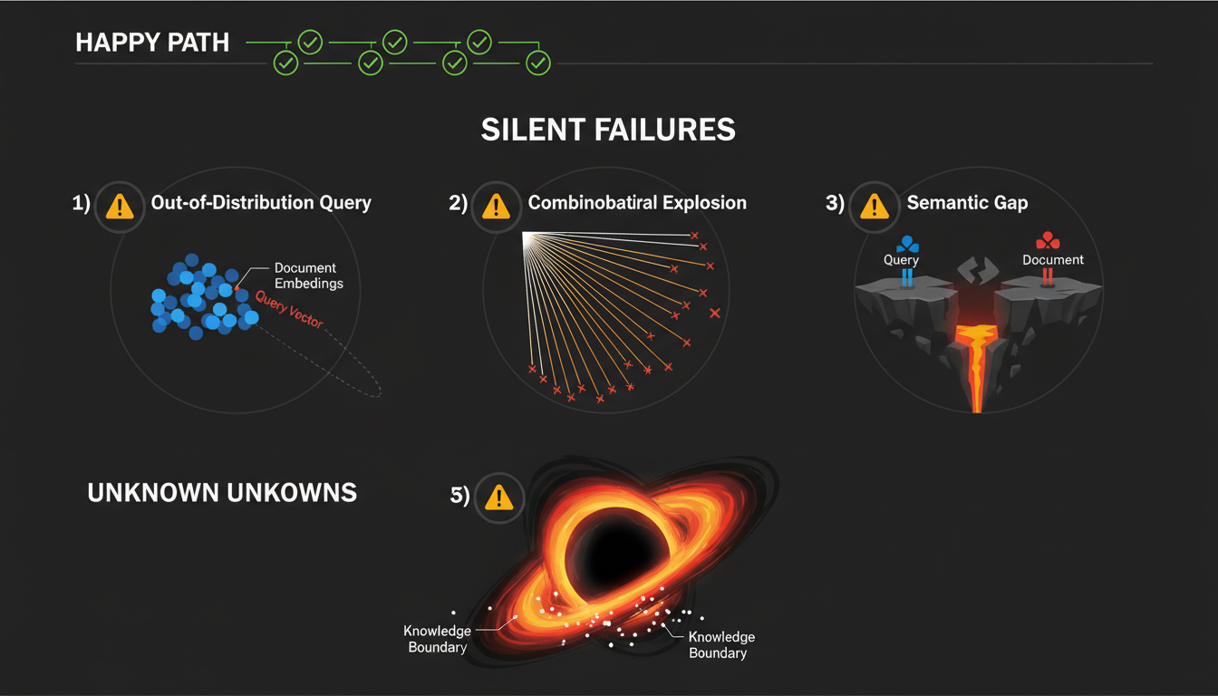 RAG failure modes diagram showing silent failures, out-of-distribution queries, and unknown unknowns